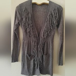 V Cristina Grey Wool Blend Sweater Cardigan Fringe Detailing Size Small